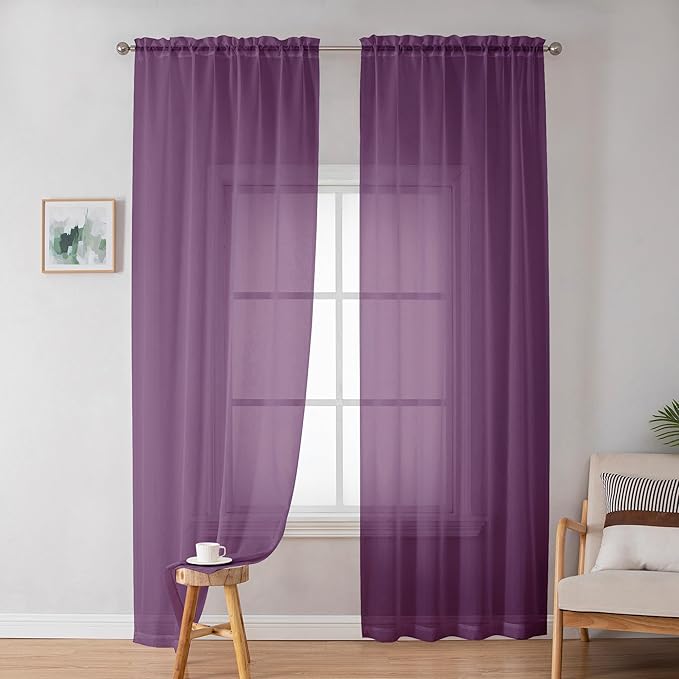 OWENIE Plum Sheer Curtains, Sheer Curtains 84 Inches Long 2 Panels Set, Rod Pocket Voile Fimly Sheer Drapes for Living Room Bedroom, 2pcs, Plum, Each 42" W x 84" L
