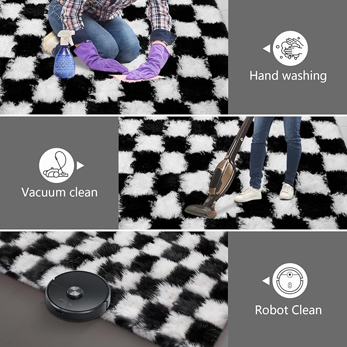 Area Rugs for Bedroom Living Room,5x8 Black and White Fluffy Soft Checkered Rug Fuzzy Shag Shaggy Carpet, Indoor Plush Floor Rugs for Kids Boys Girls Teen Dorm Nursery Home Decor