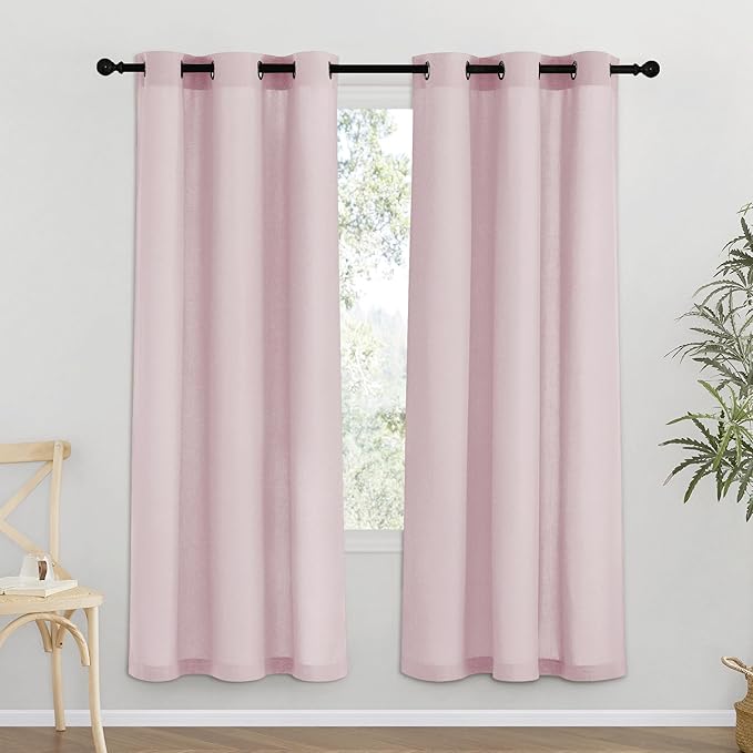 NICETOWN Blush Pink Linen Curtains for Kitchen, Thick Flax Small Window Treatments Semi Sheer Privacy Assured with Light Through for Cafe/Bathroom, W42 x L72, 2 Panels
