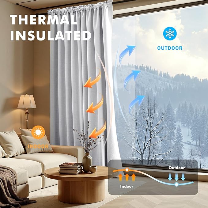 MIULEE 100% Blackout Linen Curtains for Bedroom, Grayish White Solid Luxury Decor Thermal Insulation Room Darkening Drapes for Living Room Nursery Back Tab Rod Pocket 42 x 96 Inches, 2 Panels