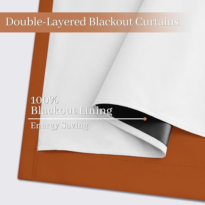 Yakamok Room Darkening 100% Blackout Curtains Grommet Window Treatments with 2 Thick Layers-Burnt Orange Thermal Insulated Drapes Set of 2 Panels for Bedroom Living Room 38 Inches by 63 Inches Length