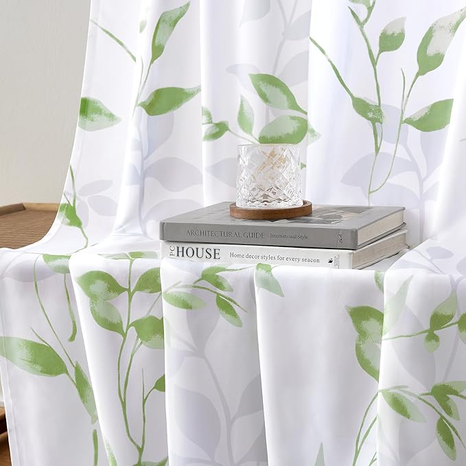 HOMEIDEAS Kitchen Curtains, Short Non-See-Through Privacy 30X24 Inch Length Tier Curtains, Green and White Leaf Floral Print Light Filtering Semi Sheer Small Window Drapes for Bathroom Cafe, 2 Panels