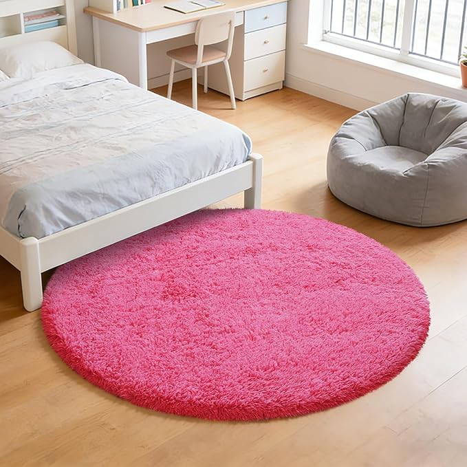 yulidayang Fluffy Round Area Rugs for Bedroom,Hot Pink 4'X4'Shag Circle Area Rugs for Living Room,Non Slip Fuzzy Plush Rug for Kids Room Boys Girls Room and Dorm