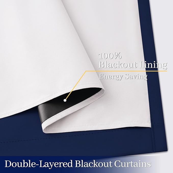 Yakamok 100% Blackout Curtain Panels 84 inches Cold and Light Blocking Drapes for Nursery, 2 Thick Layers Thermal Insulated Draperies (2 Pieces, 50 Wide Each Panel, Navy Blue/White Backing)