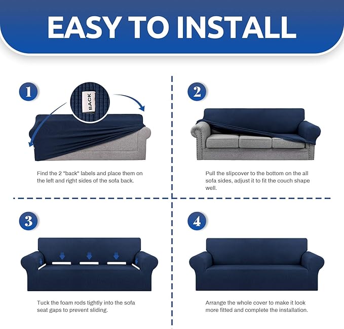 KEKUOU Stretch Single Sofa Slipcover 1 Piece Couch Sofa Cover (31"-55") Furniture Protector 1 Seater Sofa with Elastic Bottom for Kids,Pet.Jacquard Small Checked Pattern Fabric(Small,Navy Blue)