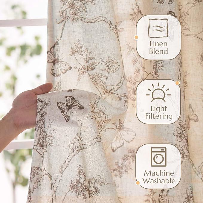 jinchan Floral Curtains Lined Linen Blend Curtain for Living Room 96 Inch Length Taupe Farmhouse Flower Patterned Curtain French Country Curtains Drapes Back Tab Rod Pocket 2 Panels