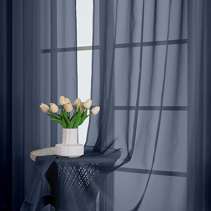 OWENIE Navy Blue Sheer Curtains 120 Inches Long 2 Panels Set, Airy Lightweight Sheer Navy Blue Curtain for Living Room Bedroom, Farmhouse Voile Filmy Rod Pocket Curtains Drapes, 2 Pcs, Each 59"Wx120"L