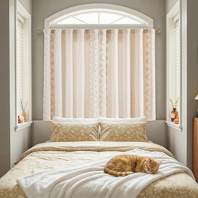 jinchan Belrose Linen Floral Cafe Curtains 45 Inch Length Embroidered Farmhouse Curtains for Kitchen Bedroom Bathroom Small Windows Curtain Set Light Filtering 2 Panels Beige