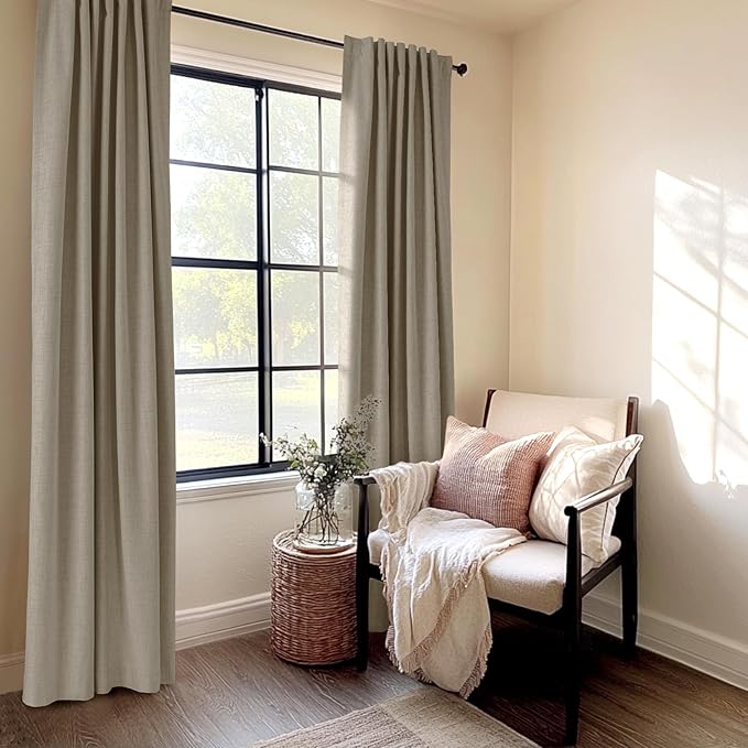 100% Blackout Shield Linen Blackout Curtains for Bedroom 84 Inches Long, Back Tab/Rod Pocket Living Room Drapes, Thermal Insulated Blackout Curtains 2 Panels Set, 50" W x 84" L, Faux Linen