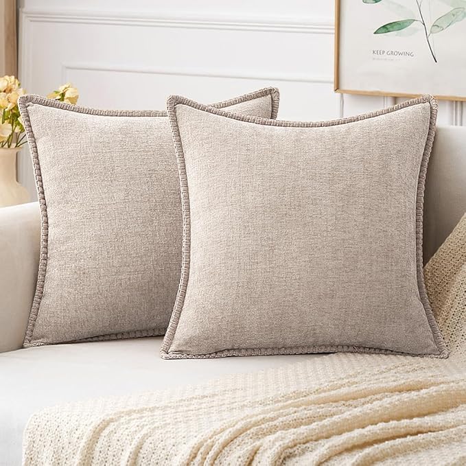 MIULEE Pack of 2 Couch Throw Pillow Covers 20x20 Inch Natural Beige Farmhouse Decorative Pillow Covers with Stitched Edge Taupe Soft Chenille Solid Dyed Pillow Covers for Sofa Bed Living Room