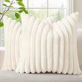 decorUhome Summer Cozy Faux Fur Throw Pillow Covers 22x22 Set of 2 Decorative Plush Striped Modern Farmhouse Boho Couch Euro Sham Pillow Cases with Velvet Back for Sofa Bed Living Room, Cream White