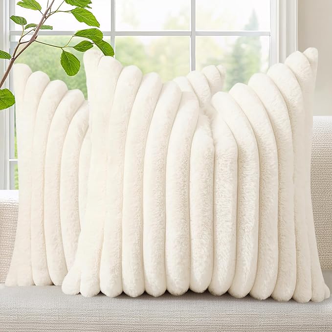 decorUhome Summer Cozy Faux Fur Throw Pillow Covers 26x26 Set of 2 Decorative Plush Striped Modern Farmhouse Boho Couch Euro Sham Pillow Cases with Velvet Back for Sofa Bed Living Room, Cream White