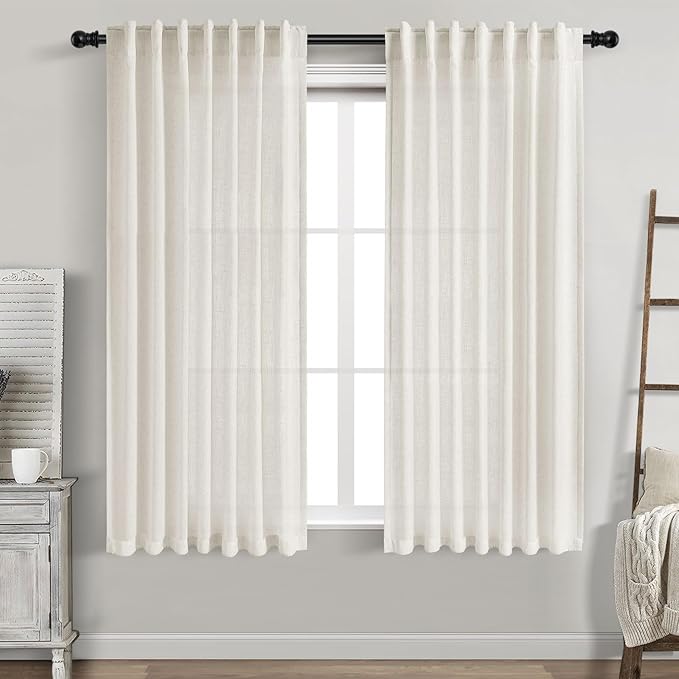 Nanspring Cream Linen Curtains 58 Inch Length for Living Room 2 Panels Set Neutral Modern Farmhouse Window Curtain Semi Sheer Back Tab Rod Pocket Light Filtering Privacy Drapes for Bedroom 52x58