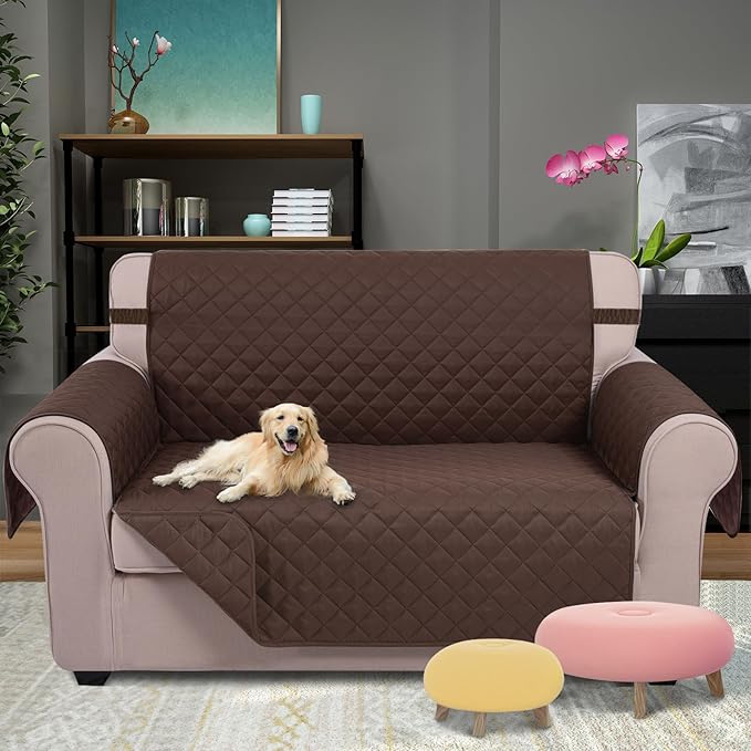 U-NICE HOME Loveseat Sofa Cover Reversible Couch Cover for Dogs with Elastic Straps Water Resistant Furniture Protector for Pets Couch Cover for 2 Cushion Couch (Loveseat, Chocolate/Chocolate)