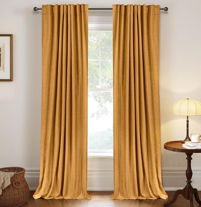 100% Blackout Shield Linen Blackout Curtains for Bedroom 108 Inches Long,Back Tab/Rod Pocket Living Room Drapes,Thermal Insulated Textured Blackout Curtains 2 Panels Set,50" W x 108" L,Mustard Yellow
