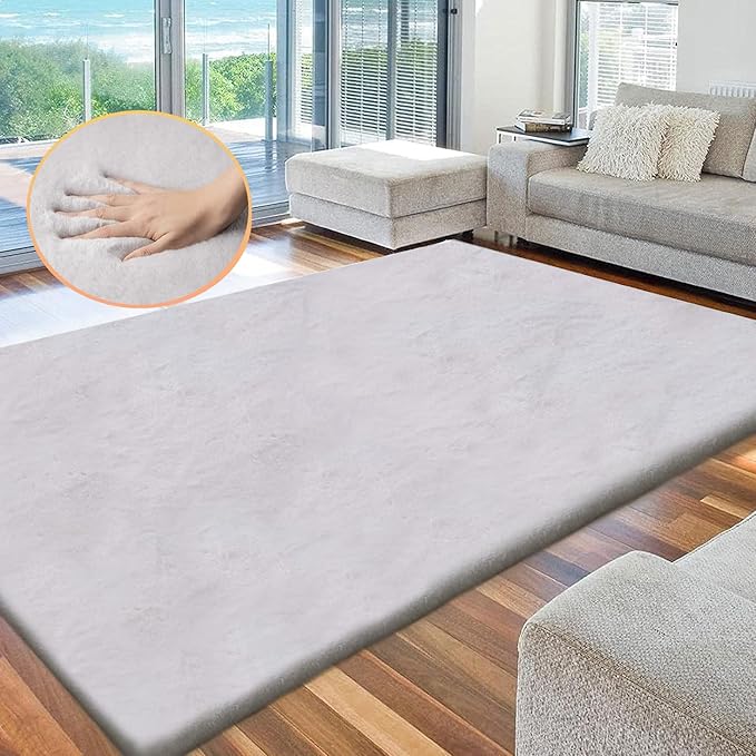 ORINOVA Faux Fur Rug 6x9 Plush Washable Area Rugs for Bedroom Fluffy Rabbit Fur Rug for Living Room Light Grey Rugs Teen Room Home Decor Rectangle