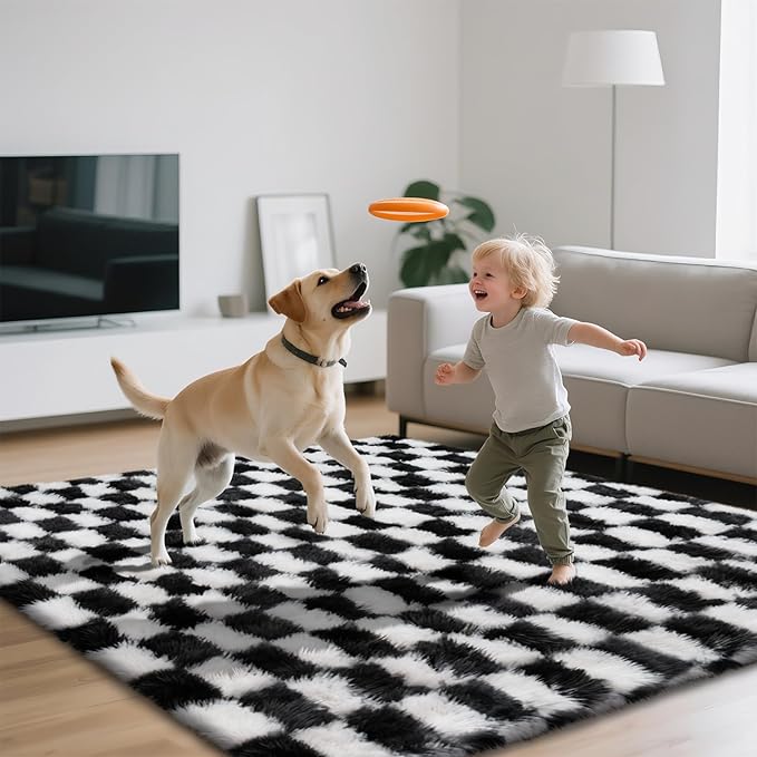 Checkered Area Rugs for Bedroom Living Room,8x10 Black and White Fluffy Soft Checkered Rug Fuzzy Shag Shaggy Carpet, Indoor Plush Floor Rugs for Kids Boys Girls Teen Dorm Nursery Home Decor