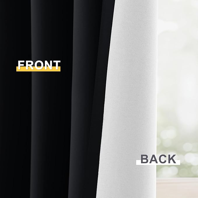 Yakamok 100% Blackout Curtain Panels 72 inches Cold and Light Blocking Drapes for Nursery, 2 Thick Layers Thermal Insulated Draperies (2 Pieces, 50 Wide Each Panel, Black Front with White Backing)