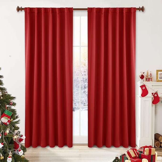 Deconovo Christmas Blackout Curtains, Thermal Insulated, W42 x L63 2 Panels, Back Tab, Machine Washable, Room-Darkening Drapes for Bedroom/Living Room Red