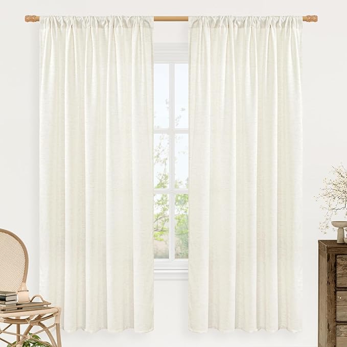 LAMIT Natural Linen Curtains for Bedroom, 72 Inch Faux Linen Textured Light Filtering Drapes Rod Pocket Window Panels for Living Room/Sliding Door, Set of 2 Panels, 52 x 72 Inch, Cream