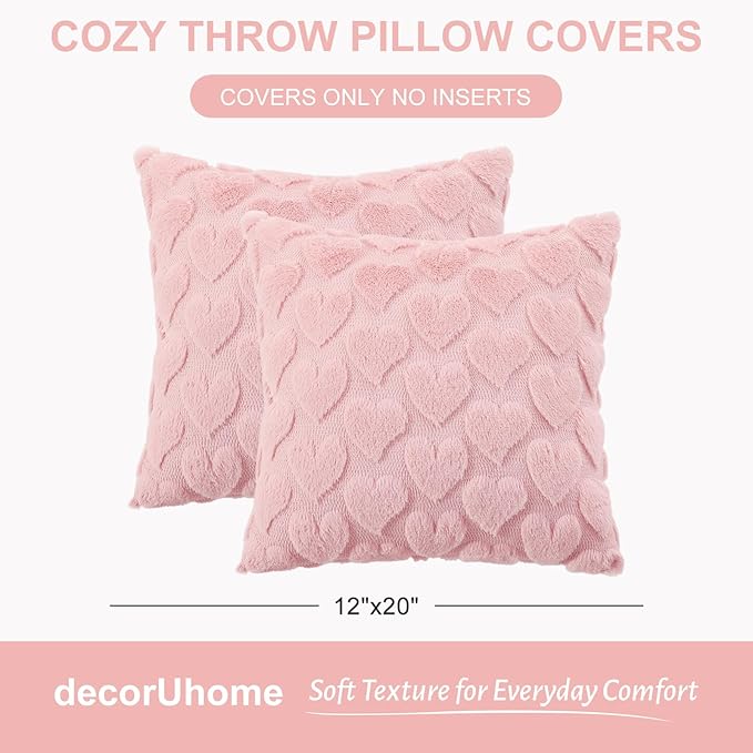 decorUhome Valentine’s Day Soft Plush Throw Pillow Covers 20x20 Inch Set of 2, Faux Fur Pink Heart Decoration Neutral Square Pillow Covers for Couch Sofa Bed Cozy Farmhouse Holiday Decor