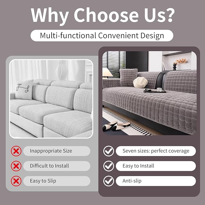 Velvet Couch Cover, Washable Sectional Sofa Cover, Anti Slip Sofa Slipcover for 3 Cushion Couch Sofa L Shaped Armrest Backrest, Furniture Protector Covers for Pets Kids(Dark Grey, Only 1 PCS)