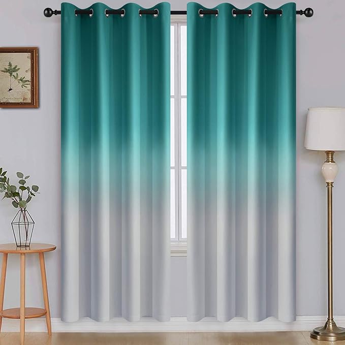 SimpleHome Ombre Room Darkening Curtains for Living Room, Light Blocking Gradient Teal to Grey White Thick Thermal Insulated Grommet Window Curtains/Drapes for Bedroom, 2 Panels, 52x72 inches Length