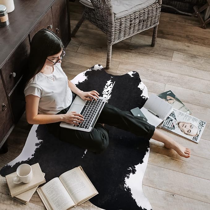 AROGAN Faux Cow Hide Rug, Premium Cow Print Rug Animal Area Rug for Western Decor, Cowhide for Bedroom, Living Room, Cute Decor Black and White, 6.2 x 7 Feet
