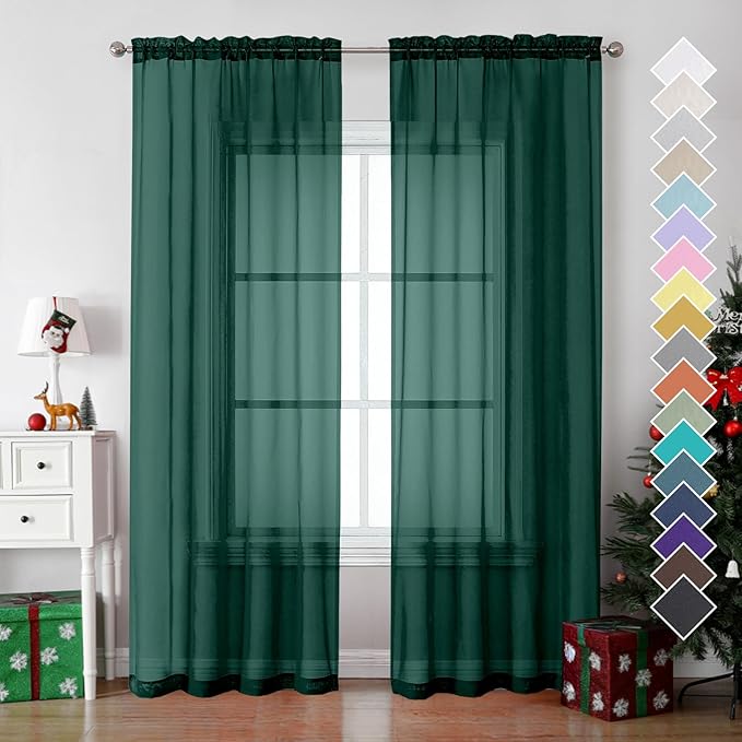 OVZME Hunter Green Sheer Curtains 84 Inches Long 2 Panels - Soft Light Filtering Christmas Sheer Panels for Living Room/Bedroom, Top Dual Rod Pocket, 1 Pair, Each 42Wx84L