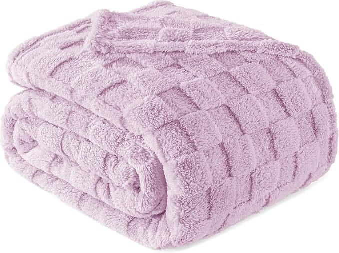 Exclusivo Mezcla Twin Size Flannel Fleece Blanket, Super Soft and Warm Lightweight Checkered Pattern Blanket for All Seasons, 60x80 Inches, Light Purple