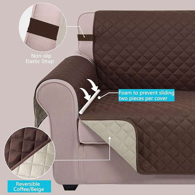 U-NICE HOME 4 Seater Sofa Cover 91 Inch Large Couch Covers for 4 Cushion Couch with Elastic Straps Water Resistant Furniture Protector Cover for Pets Cat (Sofa XX-Large, Coffee/Beige)
