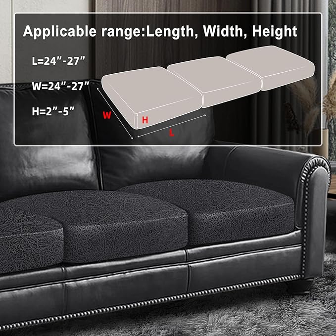 Leather Look Couch Cushion Covers Sofa Seat Slipcovers Sets Couches Furniture Protector for Sectional Armchair Loveseat Pets Kids Stretch Spandex Fabric (3 Cushion Sofa, Dark Grey)