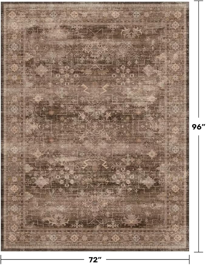 Hazo Haus Boho Brown Living Room Rug 6x8 - Modern Vintage Traditional Oriental Taupe Neutral, Washable Low Pile Non-Slip Extra Large Area Rugs for Dining Under Table Bedroom Lounge