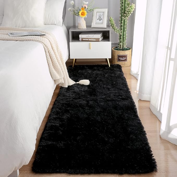 Chicrug Soft Runner Rugs for Bedroom Living Room Plush Fluffy Rug 3x10 Feet, Shag Furry Area Rug Carpet Non Shedding for Nursery Children Kids Girls Room Home Decorative, Black