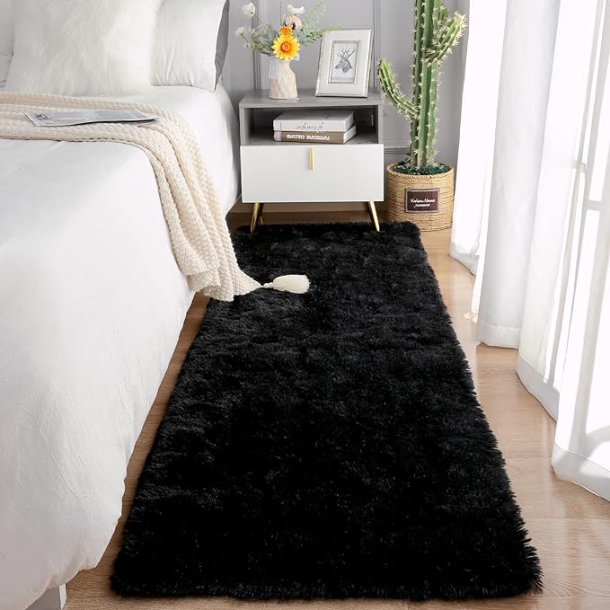 Chicrug Soft Runner Rugs for Bedroom Living Room Plush Fluffy Rug 2x5 Feet, Shag Furry Area Rug Carpet Non Shedding for Nursery Children Kids Girls Room Home Decorative, Black