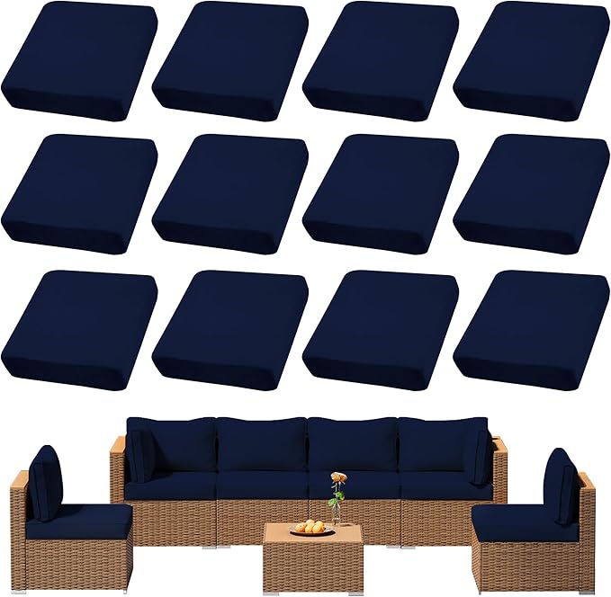 12Pcs Outdoor Cushion Covers, Patio Cushion Covers,Stretch Elastic Slipcovers, Replacement Washable & Reusable Furniture Protector for Patio Couch (Navy Blue,Cover Only)