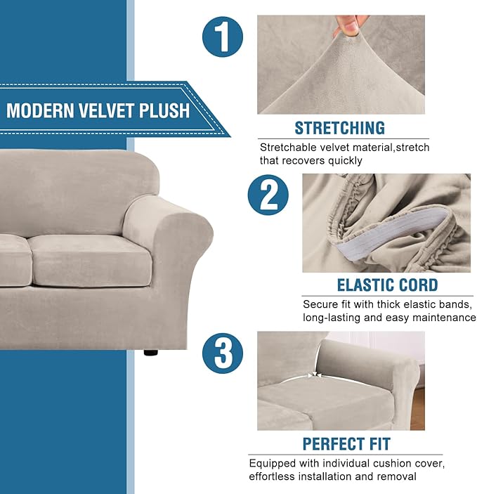 H.VERSAILTEX Modern Velvet Plush 4 Piece High Stretch Sofa Slipcover Sofa Cover Furniture Protector Form Fit Thick Velvet Sofa Cover for 3 Cushion Couch Width Up to 90 Inch (Sofa, French Oak)