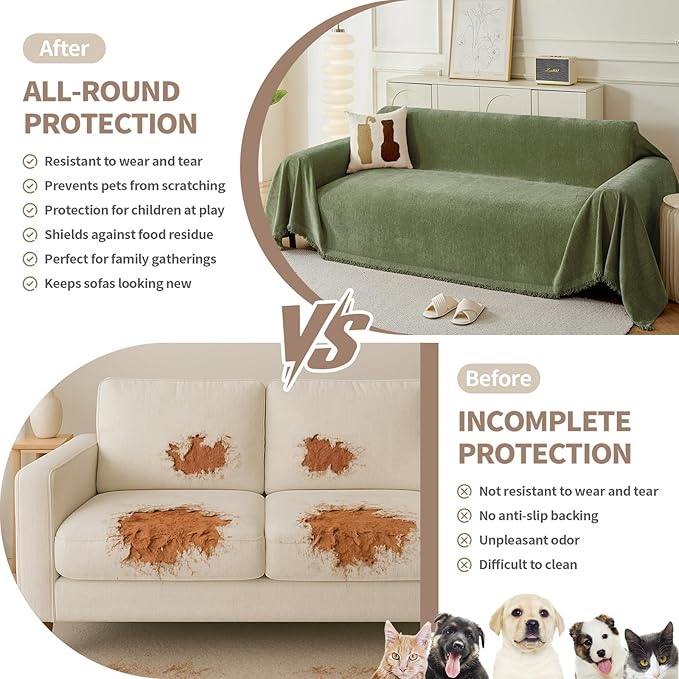 Couch Cover for Dogs, Boho Sofa Covers for 3 Cushion Couch, Chenille Sofa Slipcover for Pets Washable, L-Shape Sectional Couch Loveseat Cover Soft Throw Blankets with Tassels(71x134,Green)