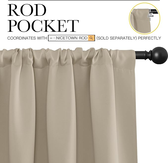 NICETOWN 2 Panels Blackout Curtains, Rod Pocket Thermal Insulated Drapes 84 inches Long, Easy-Care Modern Home Decoration Sunshades for Guest Room, Living Room, Office, 62 x 84 Inch, Soft Taupe