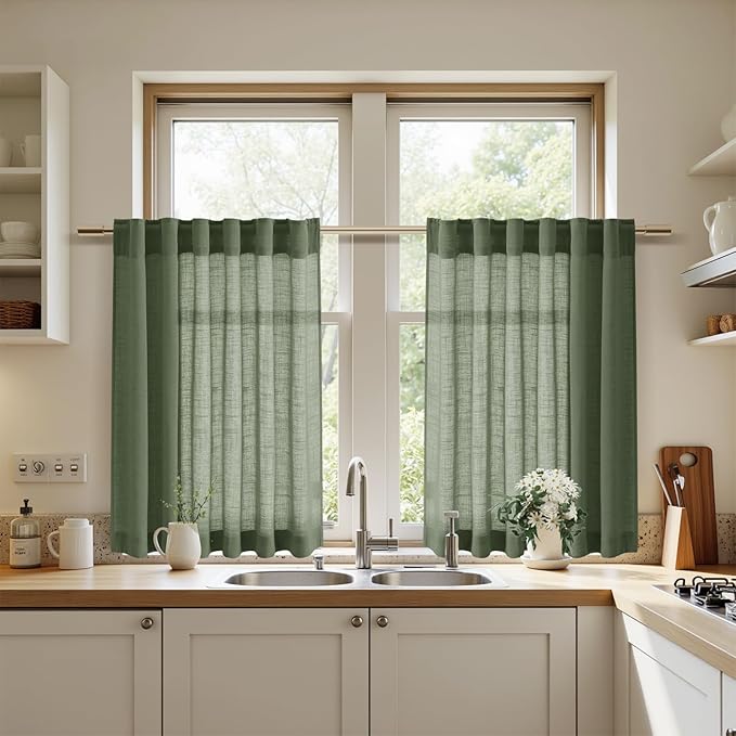 Nanspring Linen Kitchen Curtains 30 Inches Long 2 Panels Olive Green Semi Sheer Short Curtain Back Tab Rod Pocket Solid Privacy Cafe Tier Curtains for Cafe Bathroom Basement 36x30
