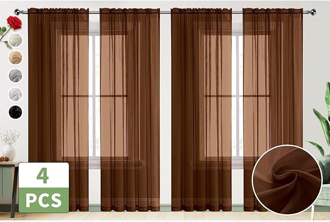 SpaceDresser Brown Sheer Curtains 4 Panels Rod Pocket Semi-Sheer Curtain 72 Inches Long Light Filtering Voile Window Drapes for Bedroom Living Room Kitchen, Each 52W x 72L