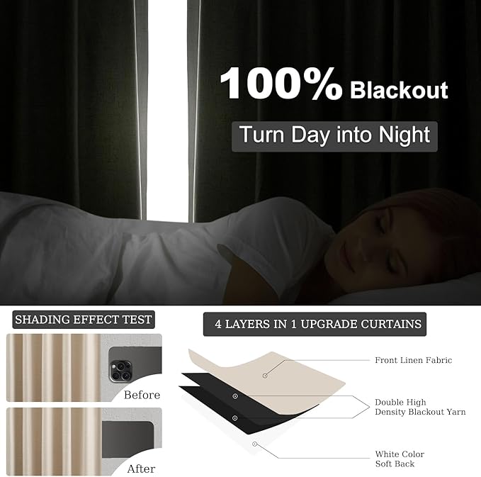Topfinel Beige Linen Blackout Curtains 84 Inch Long, Modern Black Out Curtains for Bedroom Windows Treatments, Cream Heat & Cold Blocking Back Tab Pleated Drapes for Living Room 2 Panels Cottage 7 FT