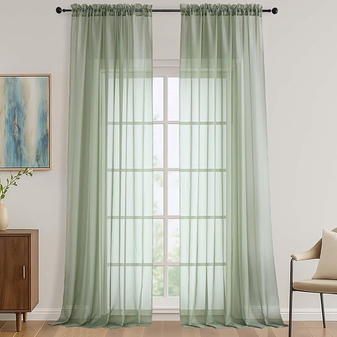 OVZME Sage Green Sheer Curtains 120 Inches Long 2 Panels Set, 59 Inch Extra Wide Soft Airy Lightweight Sheer Curtains for Living Room, Farmhouse Voile Filmy Rod Pocket Drapes, 59Wx120L Inches