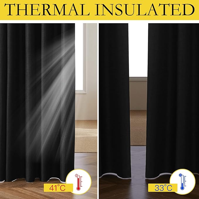 NICETOWN Vintage Open Linen Weave Flax Thermal Curtains, 100% Blackout Curtains 120 inches Long for Dining Room, Soundproof Window Treatment Drapes for Hall Room, Black, 52" Wide Per Panel, Set of 2