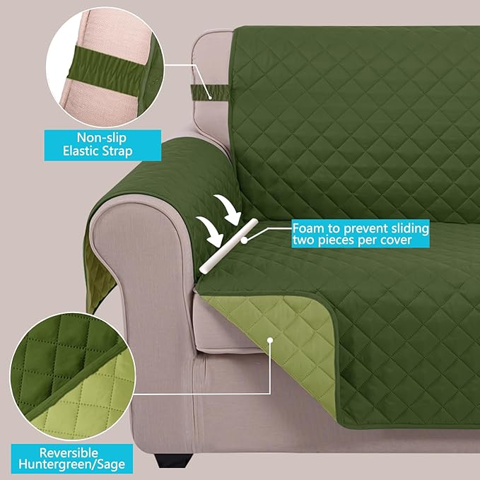 U-NICE HOME Recliner Chair Covers Reversible Quilted Water Repellent Pet Protectors with Elastic Straps (23''Recliner Small, Huntergreen/Sage)