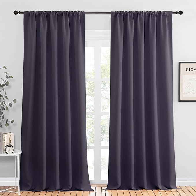NICETOWN Blackout Curtains for Living Curtains, Greyish Purple, 2 Panels, 52 by 95, Room Darkening Window Curtain Panels, Easy-Care Solid Thermal Insulated Draperies/Drapes for Daughter Room