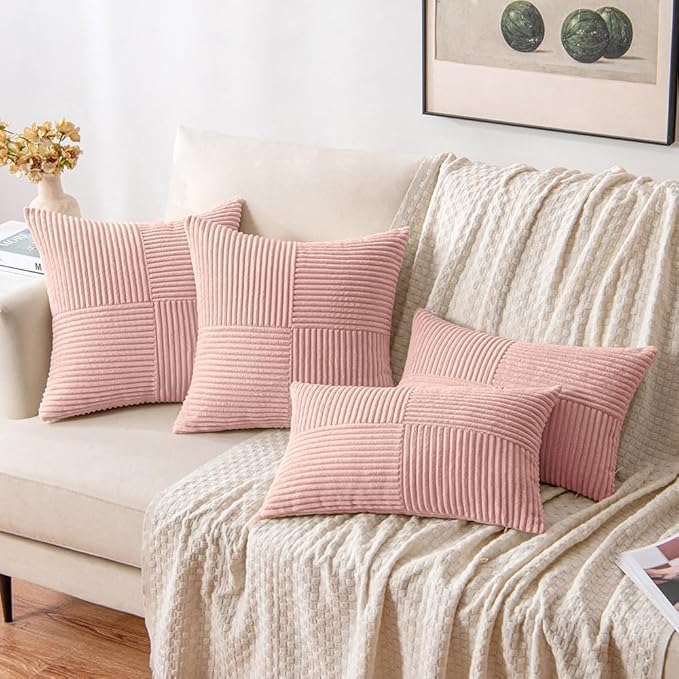 MIULEE Pink Decorative Throw Pillow Covers 18x18 Inch for Couch Bed Sofa Valentines Day Pack of 2 Boho Farmhouse Throw Pillows Soft Cross Corduroy Patchwork Textured Cushion Cases