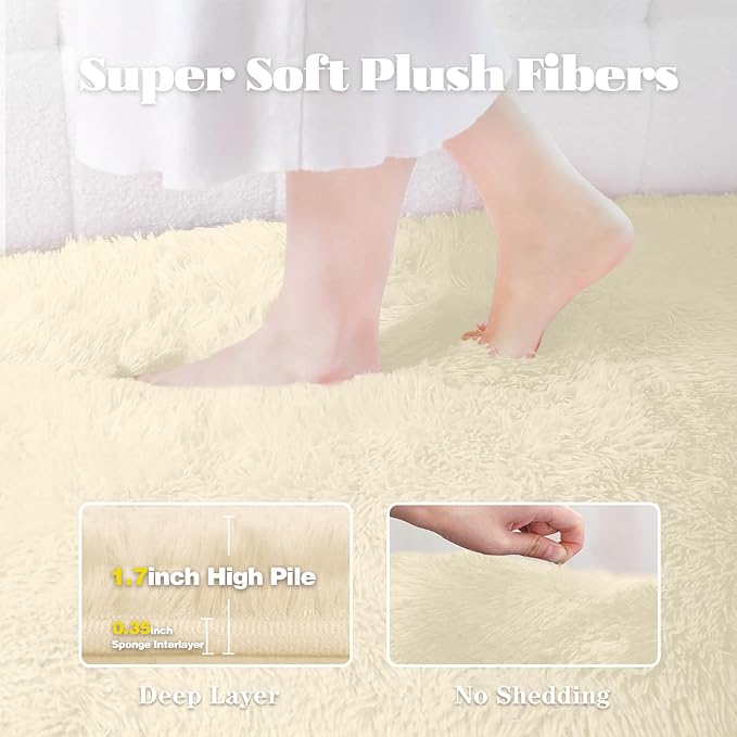 Circle Rug for Bedroom: 4FT Cream White Round Fluffy Shag Soft Washable Rugs Small Fuzzy Plush Indoor Carpet for Teen Kids Girls Boys Nursery Preppy Dorm Classroom (Cream White, 4'x6')
