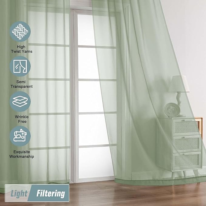 Sage Green Sheer Curtains 90 Inches Long 2 Panels, Light Filtering Solid Sheer Curtains for Bedroom Living Room, Lightweight Soft Airy Voile Sheer Drapes, Dual Rod Pocket, 2x42Wx90L Inches