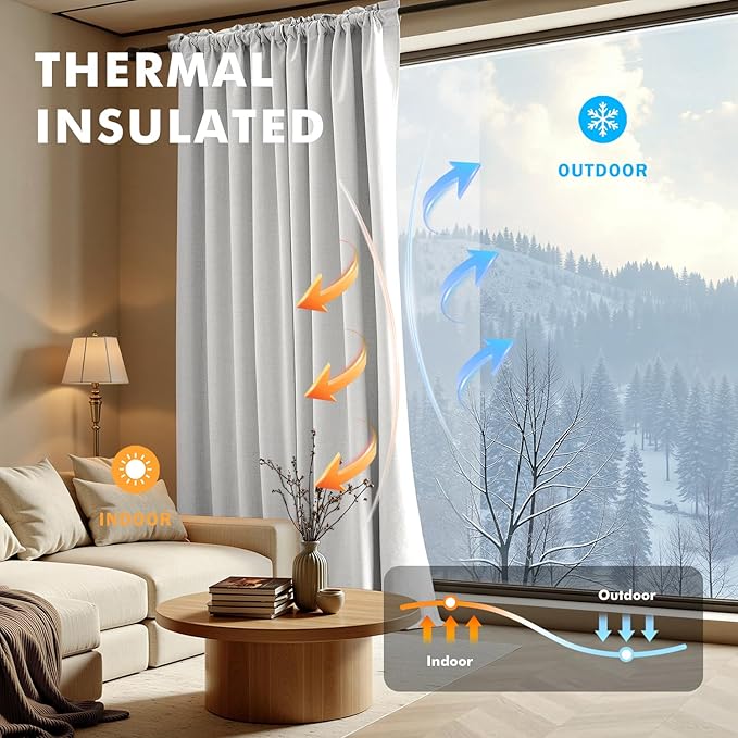 MIULEE 100% Blackout Linen Curtains for Bedroom, Heathered White Solid Luxury Decor Thermal Insulation Room Darkening Drapes for Living Room Nursery Back Tab Rod Pocket 42 x 84 Inches, 2 Panels